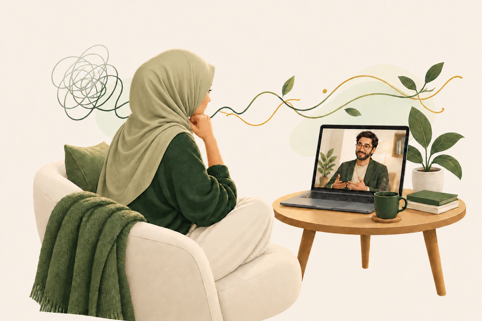 A woman in hijab attending a private online counselling session